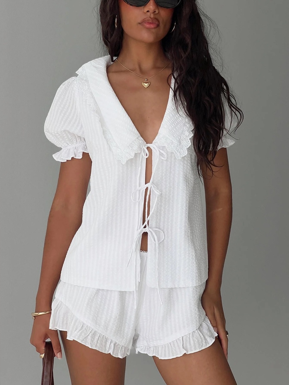 White Ruffled Tie-Front Top & Short Set